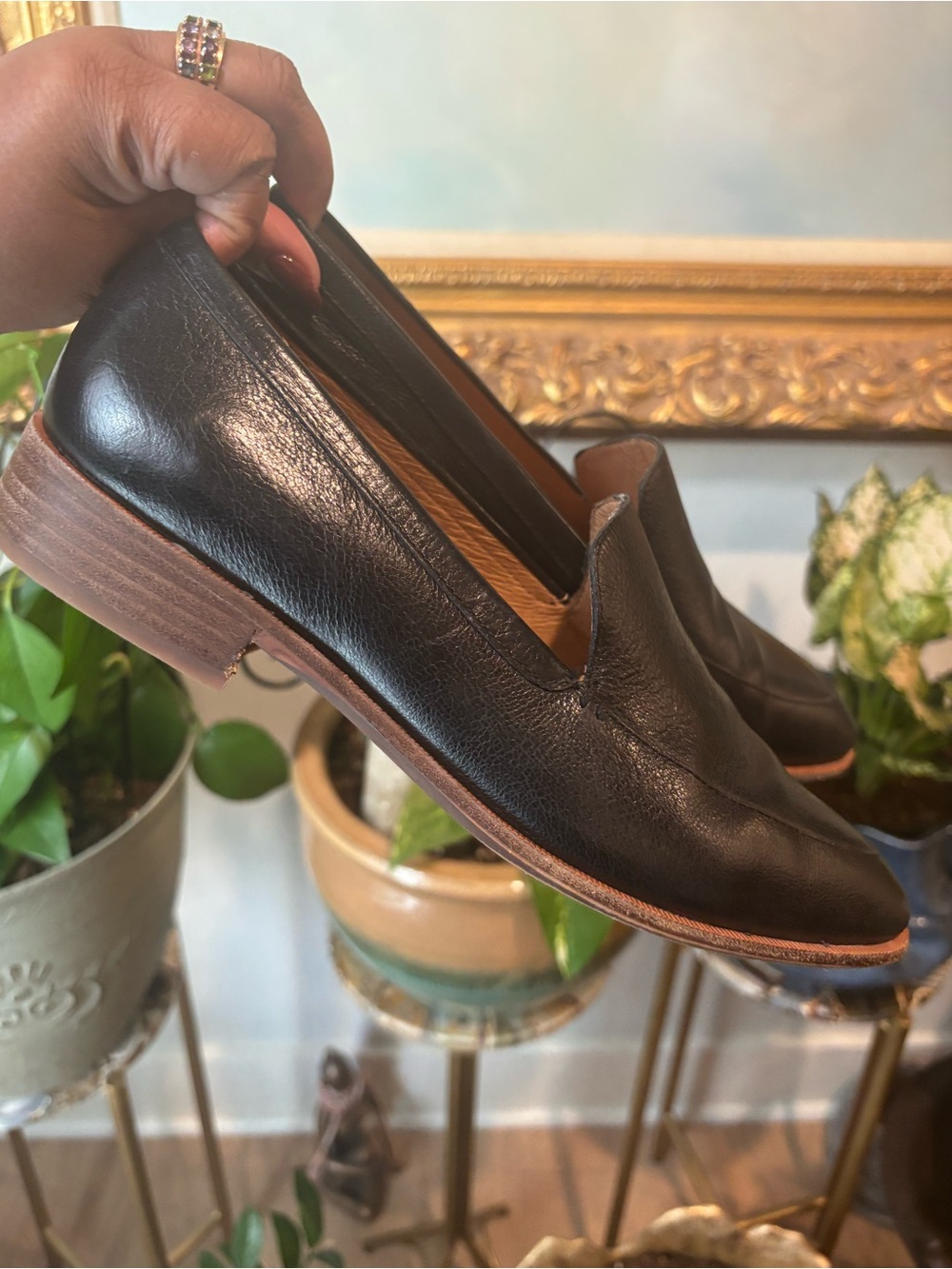 MADEWELL Black Leather Slip-On Loafers with Brown Stacked Heel